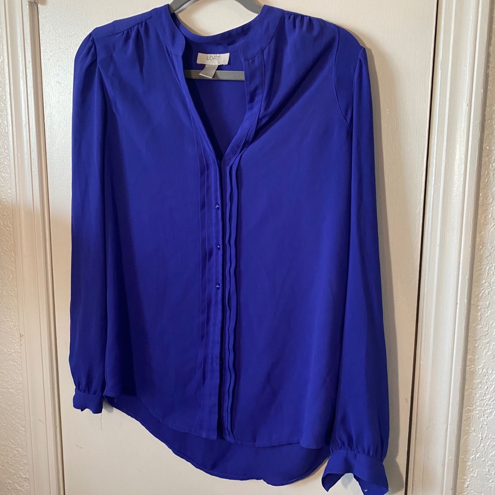 Loft Blouse Womens Small Blue Long Sleeve Button Front Pleated Career